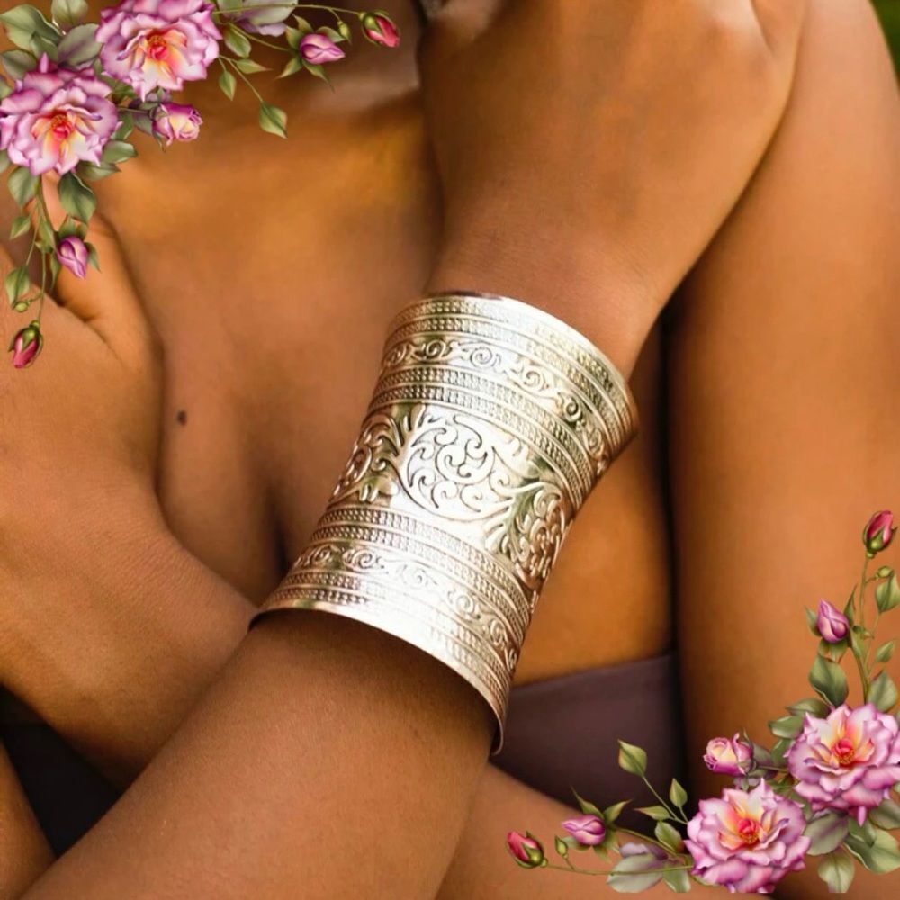 Relief Pattern Open‎ Bangle, Wide Cuff Adjustable Bracelet bohemian Arabic